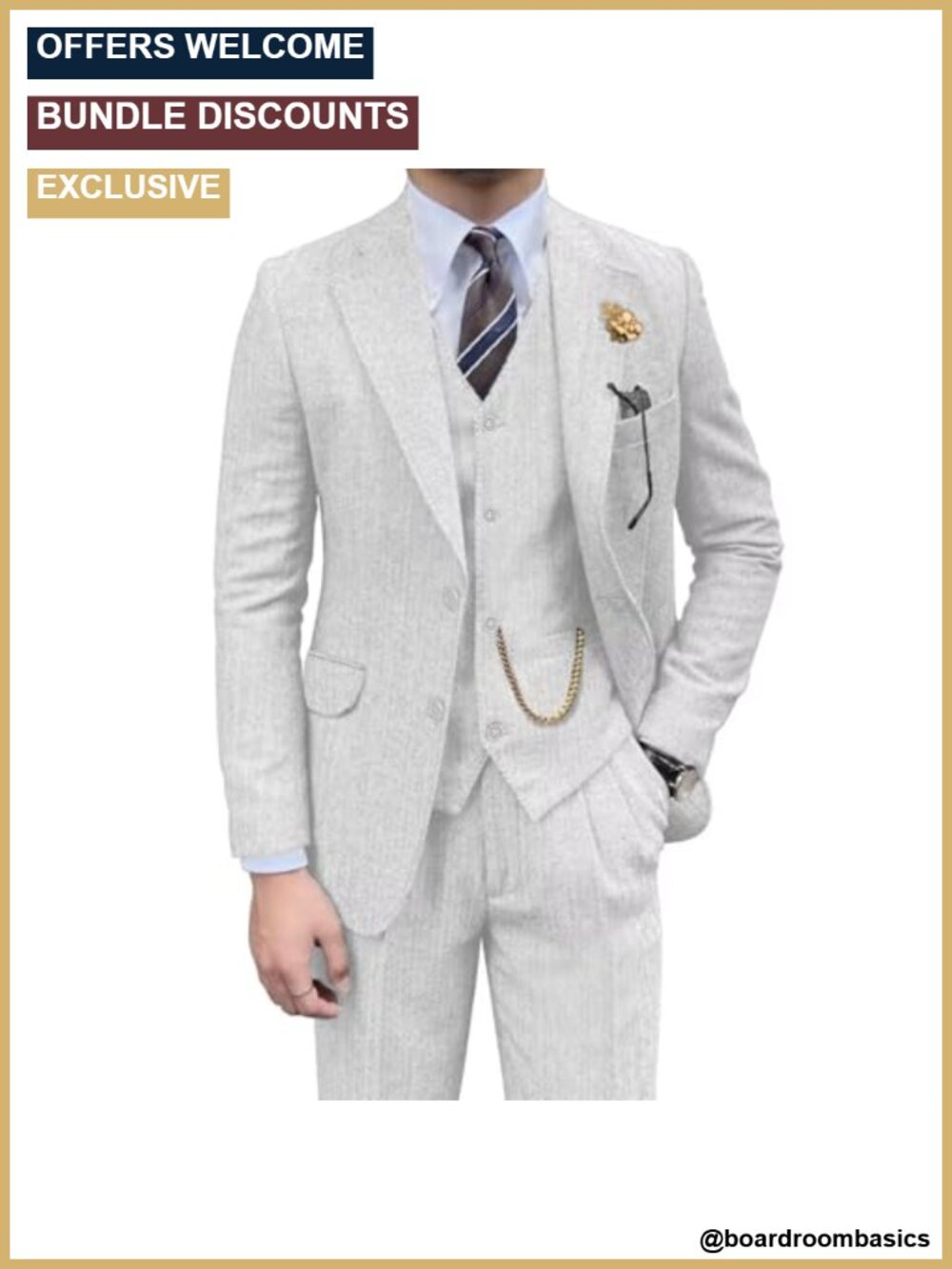 Tweed Herringbone 3 Piece Suit Slim Fit Blazer Vest Pants Set Wedding Business